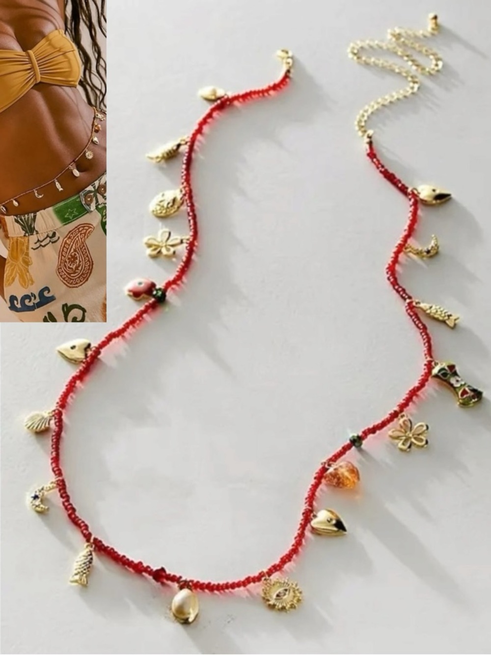 Free People Marson Belly Chain Red NWT Charm Necklace Bohemian Layering Charms